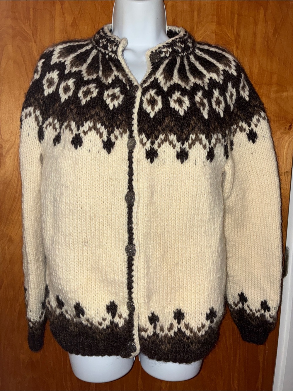 Handmade Scandinavian Knitted Cream & Brown Cardigan Sweater - Size Medium